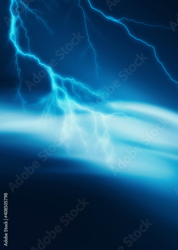 Dramatic nature background. Dark night view of the city during a thunderstorm. Flashing lightning. Reflection of light on the asphalt. 3d illustration