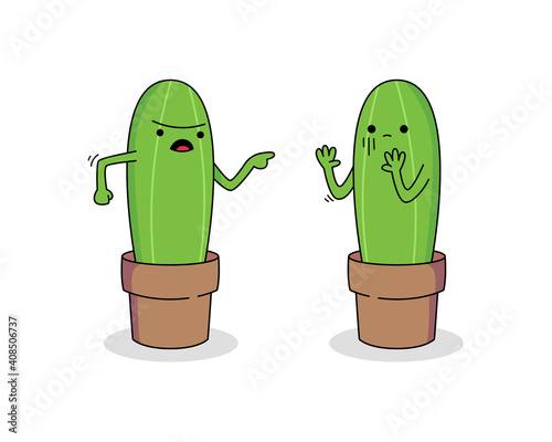Cute cactus cartoon character arguing