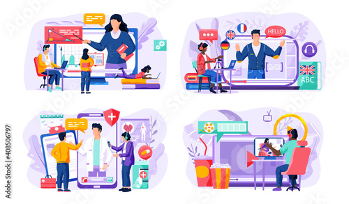 Set of illustrations on the topic of online learning. Online consultation with doctor. Woman explains new topic. Online geometry lesson. The teacher on the screen speaks english. Guy watching a movie