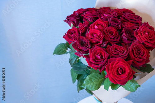 Bright red roses in a bouquet. Empty space on a background for text or logo