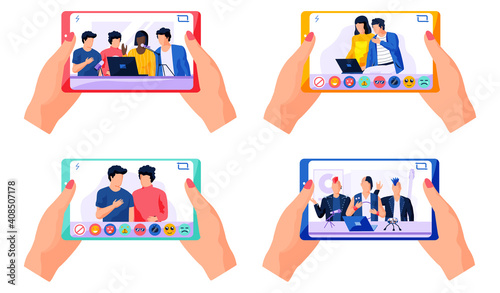 Set of pictures about girl watching the broadcast from her phone. A man and a woman sitting with a laptop and talking. A girl can choose different reactions during live broadcast vector illustration