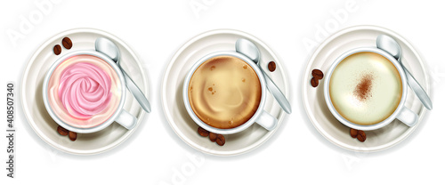 Set of realistic coffee cups top view. Cappuccino latte americano espresso cocoa in realistic cups. Vector illustration
