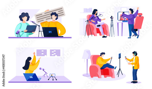 Set of pictures about men standing near a laptop with woman. Girl shoots video and reads the message on a microphone. People sit at the computers, communicating and working online vector illustration