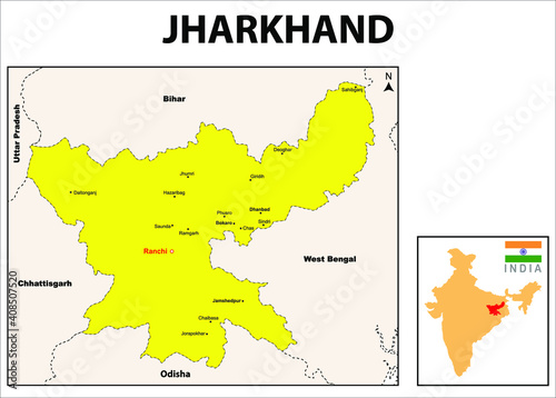Jharkhand map. Showing International and State boundary and district boundary of Jharkhand. Political and administrative map of Jharkhand with districts name in yellow color