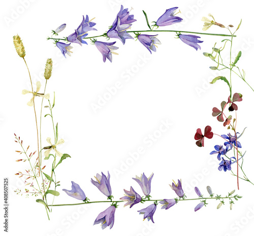 Watercolor frame from flowers of wild bells and herbs