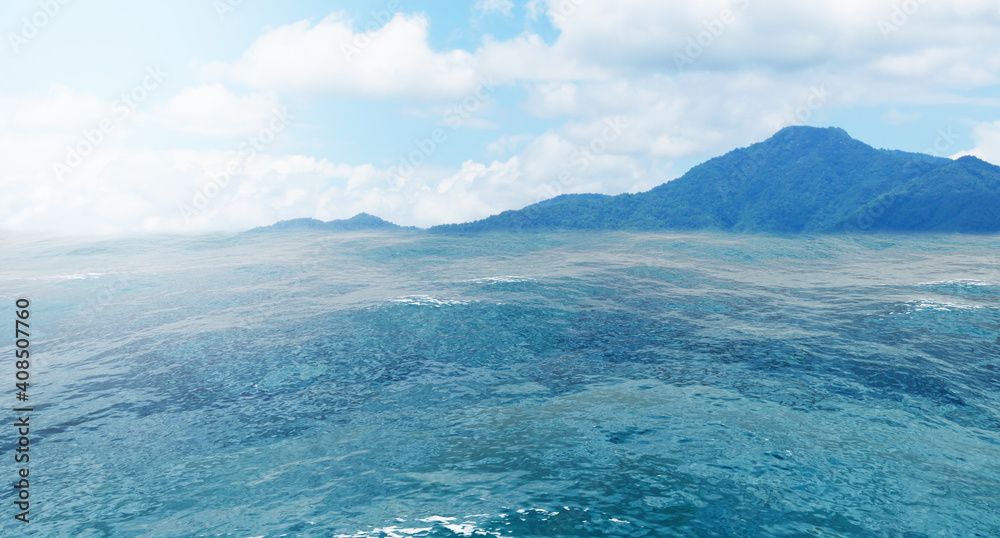 Summer view of the sea and mountain range. Island of rocks in the ocean, mountain island on the horizon, panorama of ocean landscape with island, 3D rendering