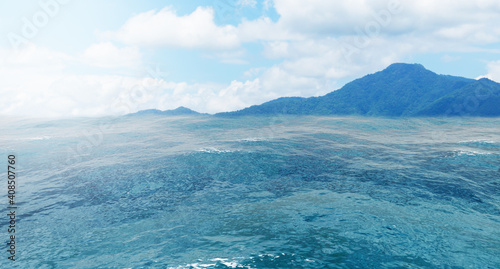 Summer view of the sea and mountain range. Island of rocks in the ocean  mountain island on the horizon  panorama of ocean landscape with island  3D rendering