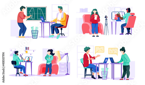 A set of pictures about tailor and customer. Girls in a red and in green sweaters communicate with man with camera. Women are sitting at laptops and communicating in the office vector illustration