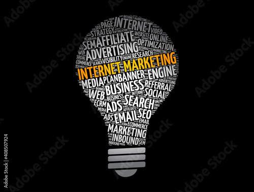 Internet marketing light bulb word cloud, business concept background