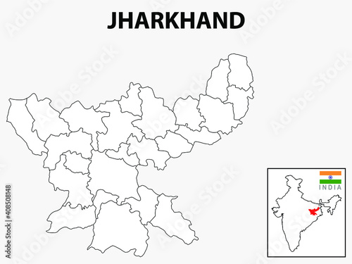 Jharkhand map. Jharkhand districts map with name labels. Jharkhand hilited in India map with white background.