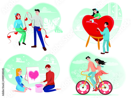 Collection of loving couples in cartoon style isolated on white background. Preparing couples for Valentine s Day. Vector illustration