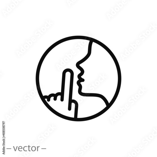 do not disturb icon, please do quiet, pssst or shhh gesture lips, silence or secret, keep shut mouth, line symbol on white background - editable stroke vector illustration eps10 photo