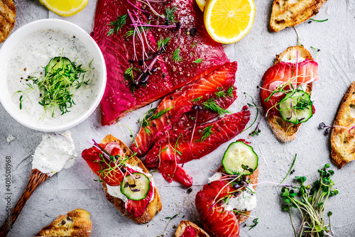 Beetroot and dill salmon gravlax.style rustic photo