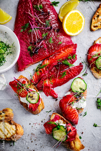 Beetroot and dill salmon gravlax.style rustic photo