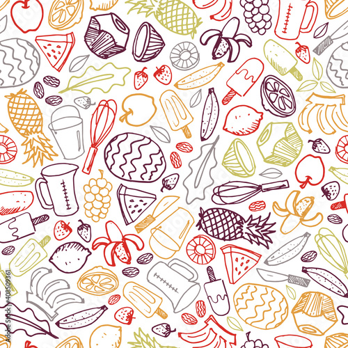 Vector white popsicle fruits ice cream hand drawn doodle repeat pattern background. Perfect for fabric, scrapbooking and wallpaper projects.