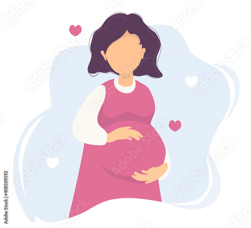 Motherhood. Happy pregnant woman in a pink dress gently hugs her stomach with her hands. Vector illustration. a blue background with hearts. flat illustration character - happy pregnancy