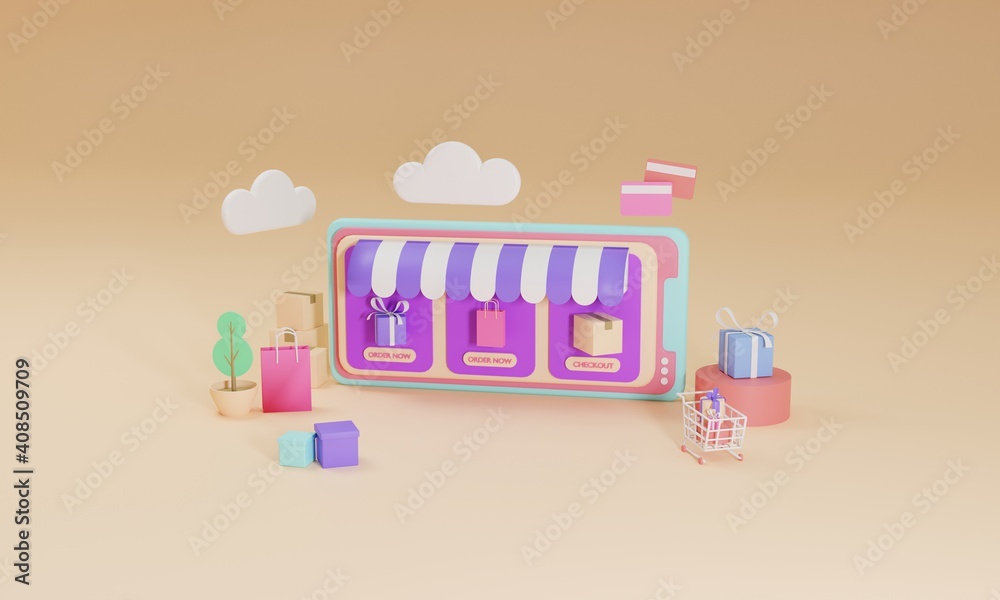 3D rendering flat illustration Online shopping store on mobile application of smartphone. Premium Photo 3D rendering flat illustration Online shopping store on mobile application of smartphone. Premium Photo