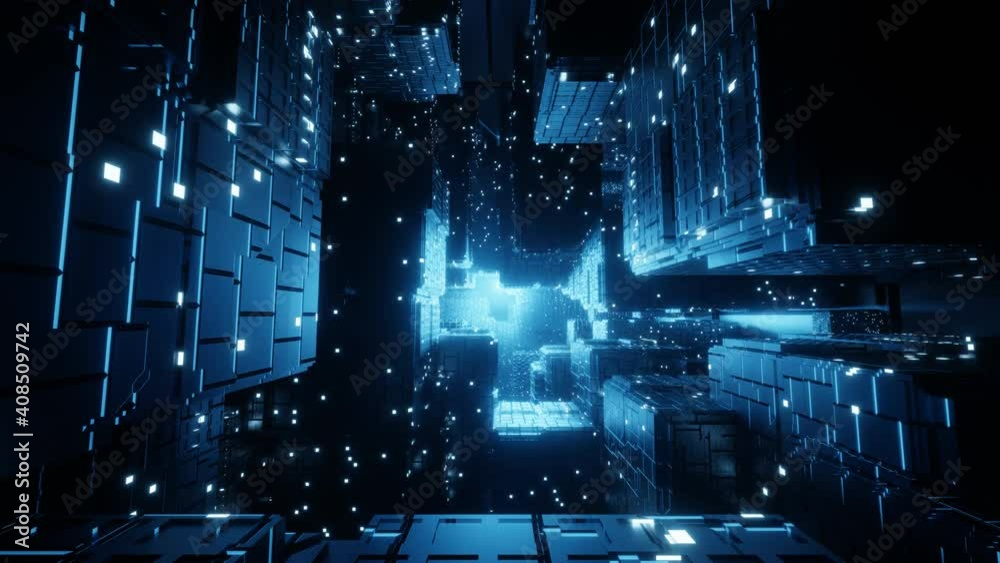 Sci-fi Blue City - Seamless 3D VJ Loop background | cyber, futuristic, space, tunnel, abstract, mechanic, light, blue, glow | 4K UHD CGI
