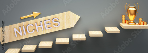 Niches leads to money and success in business and life - symbolized by stairs and a Niches sign pointing at a victory trophy and golden money to show that Niches helps becoming rich, 3d illustration