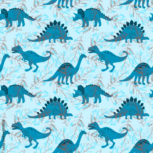 Seamless animal baby pattern with dinosaurs on blue background.