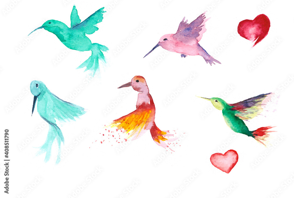 Obraz set of multicolored birds with long noses, pink blue and green hummingbirds with hearts hand drawn in watercolor on an isolated white background. fresh collection for design for valentine's day,