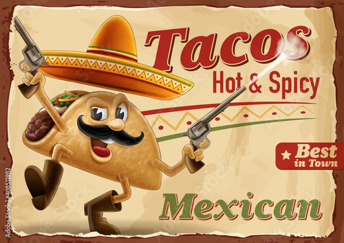 taco with pistol and sombrero in vintage graphics