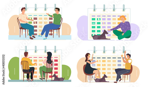 Happy people communicating sitting near big calendar scenes set. Man and woman playing the game guess who i am, sitting opposite each other, having fun together. Entertainment and leisure pastime
