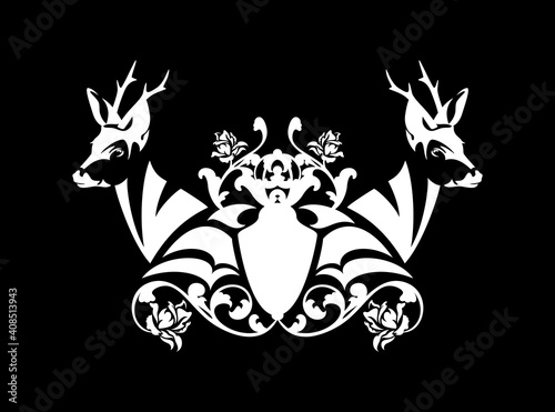 pair of wild roe deer stags with heraldic shield among rose flowers - medieval style coat of arms black and white vector design