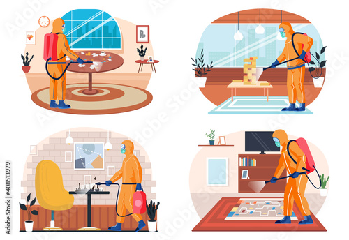 A man from epidemiological service doing disinfection in office or livingroom to kill viruses and bacteria scenes set. Male character in a protective suit sprays a room with disinfectant solute