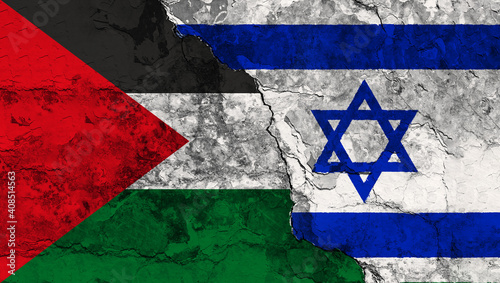 Concept of a Conflict between Isreal and the Palestinian Authority with painted flags on a wall with a crack