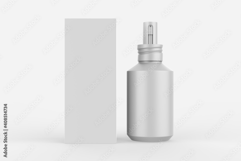 Instant antiseptic mist spray, antibacterial. bottle with box isolated on white background, studio shot. 3d illustration