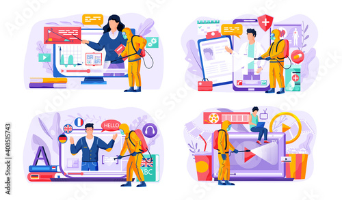 A man in chemical uniform cleans surfaces from bacteria. Online education, studying, watching movies, health care during quarantine. People are studying languages online while sitting at home