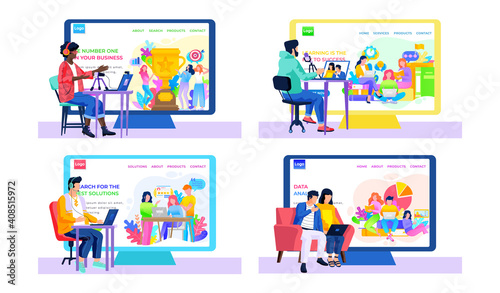 A set of pictures about online education and various of achievements of students and work remotely. Different men and women sit in headphones at the table and work online vector illustration