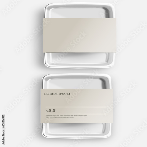 White Mockup Empty Blank Styrofoam Plastic Food Tray Container With Lable. Illustration Isolated On Gray Background.