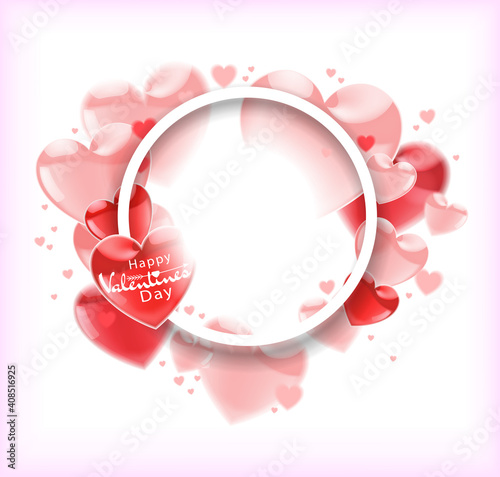 Happy Valentines Day.  Pink flying glossy balloons  on a white background. Place for your greeting text. Vector  illustration.