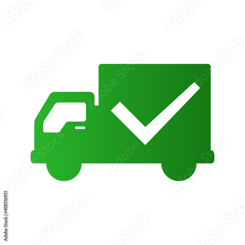 Envio garantizado. Logotipo camión de reparto con cheque en color verde