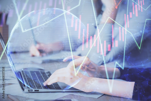 Wallpaper Mural Multi exposure of woman hands typing on computer and financial chart hologram drawing. Stock market analysis concept. Torontodigital.ca