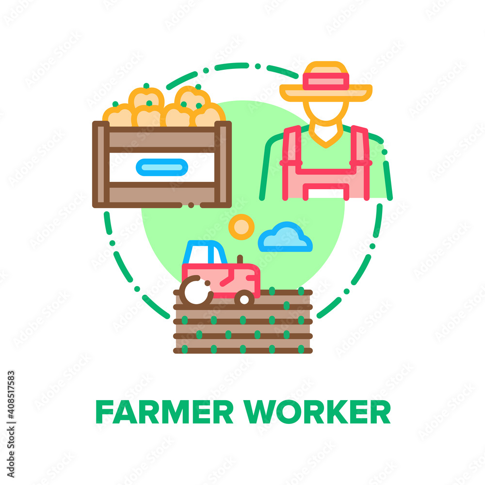 Farmer Worker Vector Icon Concept. Farmer Worker Person Plowing Field On Tractor And Harvesting Ripe Apple, Harvested Fruit In Box. Agricultural Farmland Seasonal Work Color Illustration