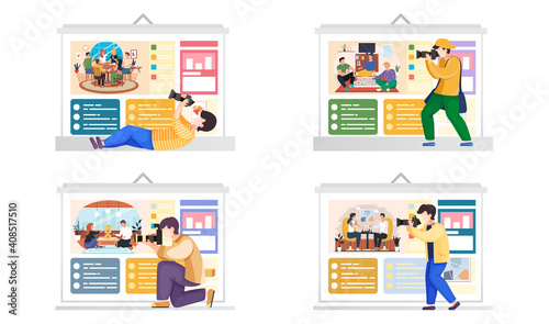 Set of illustrations about shooting poster with images. People on the billboard playing board games. Characters spend time in an apartment together. The photographer takes professional pictures