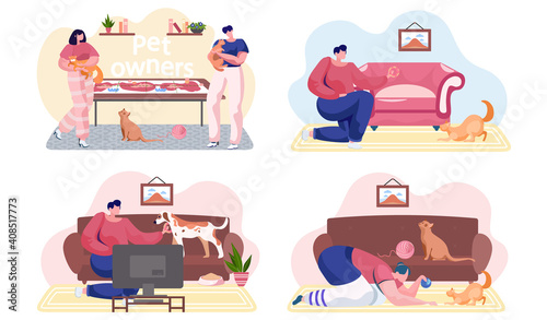 Set of illustrations about playing with animals. Activities with pets at home. Girls feed donuts to cat and dog. Family spends time with ginger cats. Woman with ball of thread playing with kitten