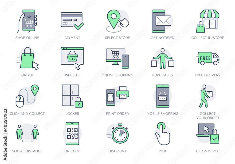 Click and collect service line icons. Vector illustration with icon - online shopping, qr code, basket, delivery, package, store outline pictogram for e-commerce. Green Color Editable Stroke