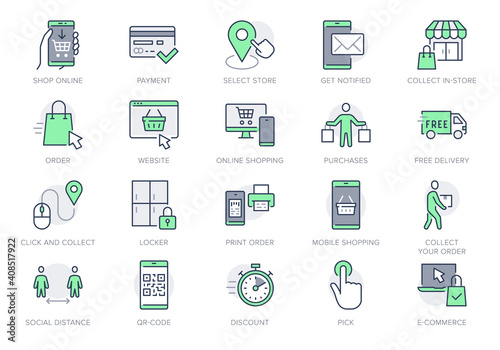 Click and collect service line icons. Vector illustration with icon - online shopping, qr code, basket, delivery, package, store outline pictogram for e-commerce. Green Color Editable Stroke