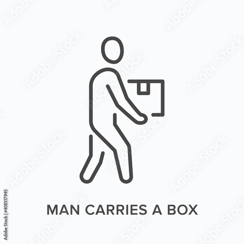 Man carring a box flat line icon. Vector outline illustration of courier and package in hands. Black thin linear pictogram for delivery service