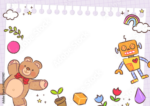 Kindergarten background illustration. Cute toys and blocks.