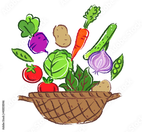 Vegetable basket. Cute vegetable vector illustrations in hand drawn style.