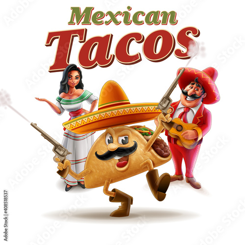 Mexican cartoon characters with taco