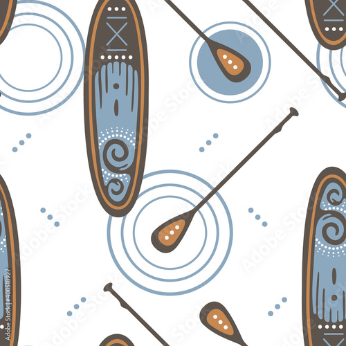 Seamless pattern with Stand Up Paddle Boarding SUP surfing elements paddle, circles on the water on a white background. Vector illustration.