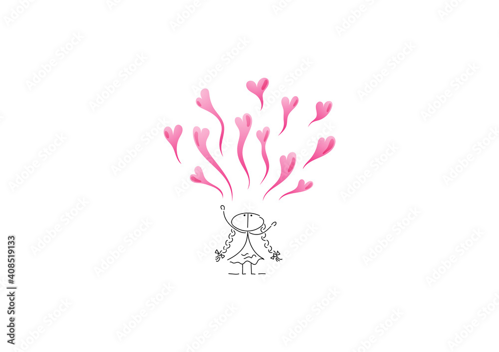 A girl in love exudes the vibes of love, good mood happiness on Valentine's Day with pink hearts Valentine's card Characters are made in a linear style with a black line Combined with colored elements