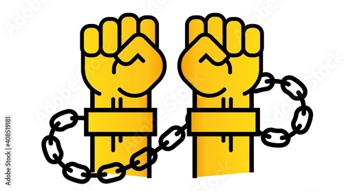 Man s fist, human hands raised up, concept of resistance, strength, majority, fight, defending rights of society. Broken chains, freedom from shackles Vector Isolated line illustration