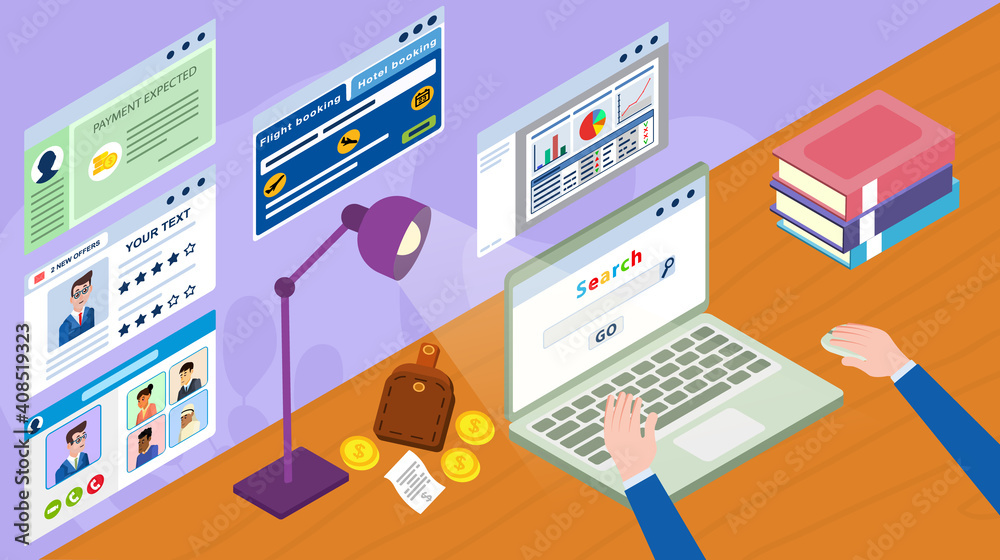 Man working in the office. Three-quarters, isometric. Desktop, computer, securities. Man working in the office. Three-quarters, isometric. Desktop, computer, securities.